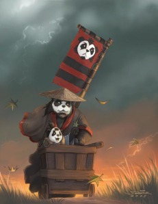 Samwise Didier's drawing of a Pandaren and son in a cart.